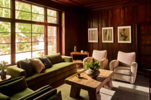 An understated sense of luxury reigns at the updated Dawn Ranch, with sophisticated velvet and sheepskin seating in the lounge. (Gentl and Hyers/Dawn Ranch) 