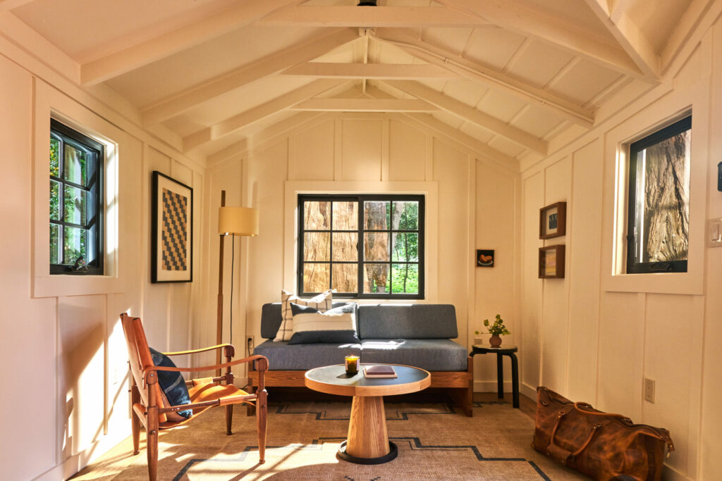 A redone cabin at luxury Dawn Ranch. It's a short bike ride from town to Armstrong Redwoods.