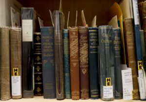 A row of rare and restricted use books about wine and grape growing at the Sonoma County Wine Library in Healdsburg. (Beth Schlanker/The Press Democrat)
