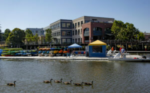The Floathouse on the Petaluma River was moved across the basin to accommodate dock construction. Photographed on Monday, June 17, 2024. (Crissy Pascual / Petaluma Argus-Courier)