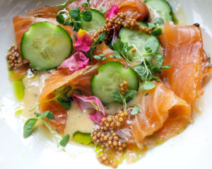 Gravlax cured salmon with mustard dill sauce at Stockhome Restaurant in Petaluma. heather irwin/PD