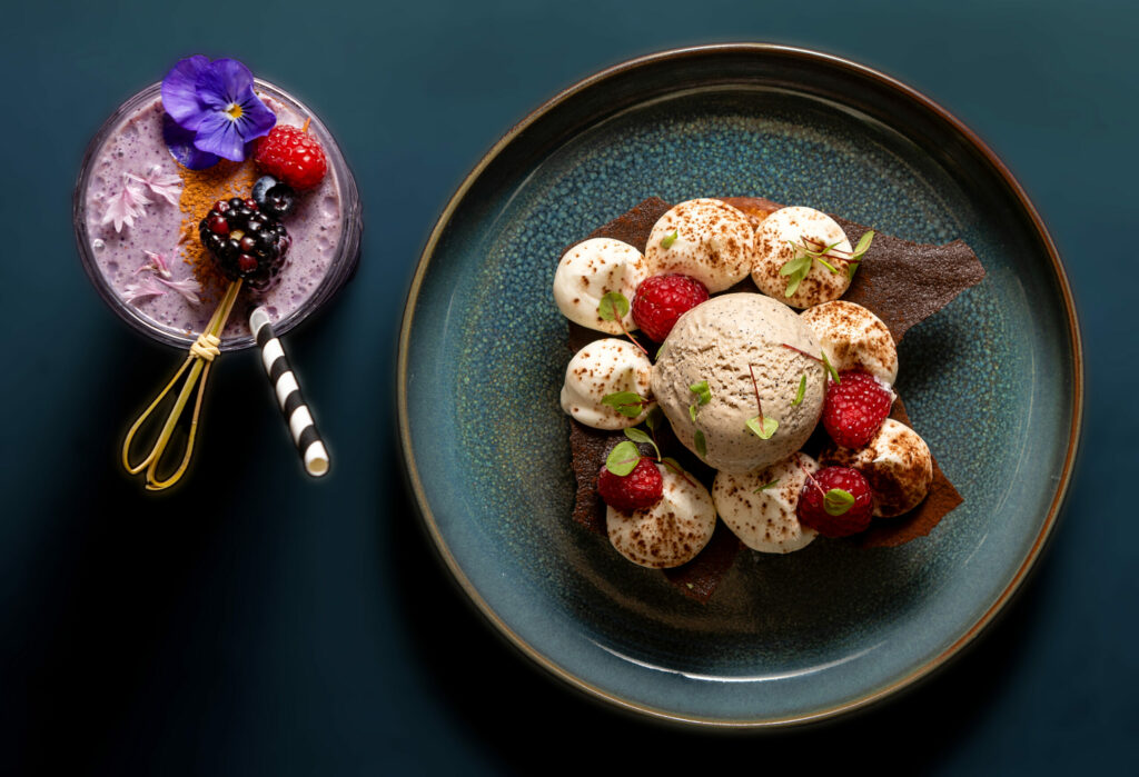 Tiramisu French toast with whipped mascarpone, raspberry, coffee ice cream and cocoa nibs on Goguette brioche and a Berry Bliss smoothie from the Acorn Cafe Thursday, October 3, 2024 in Healdsburg. (John Burgess / The Press Democrat)