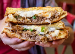 Grilled cheese with birria on Texas Toast is a menu option at Galvan’s Eatery in Santa Rosa. (Heather Irwin / Sonoma Magazine)