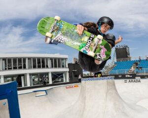 Mina Stess, skateboarder from Petaluma, at a skateboarding competition in Dubai. (Bryce Kanights/Courtesy Andrew Stess)
